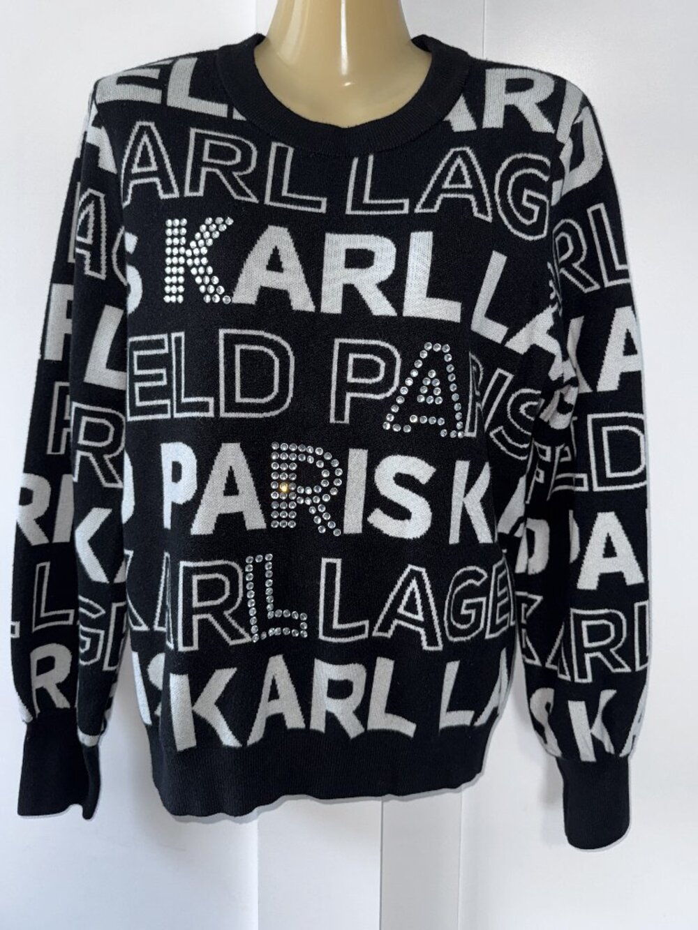 Karl Lagerfeld Paris Women Logo Sweater Rhinestone Embellished Black White SizeL